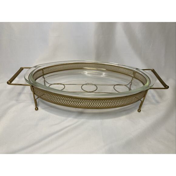 VINTAGE PYREX 16” CHAFING DISH 3 QT W/ STAND WARMER HOLDERS GOLD BRONZE USA - Picture 1 of 6
